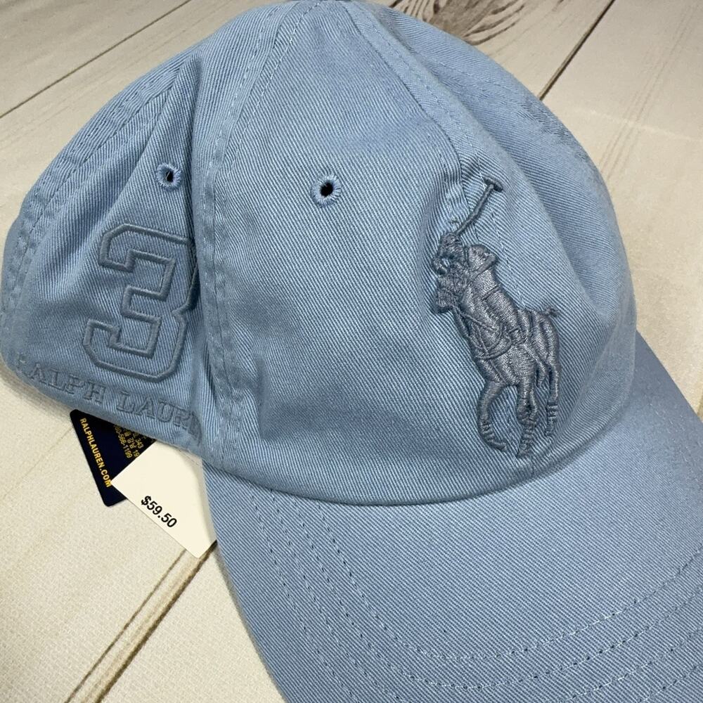 PRL Big Pony 3 Logo Hat Light Blue Leather Strap Polo Ralph Lauren